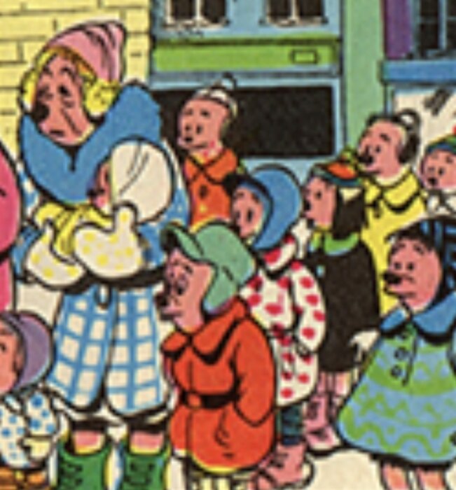 Tecknad bild av många färgglada figurer i en procession eller kö, kanske från en barnbok eller serietidning.