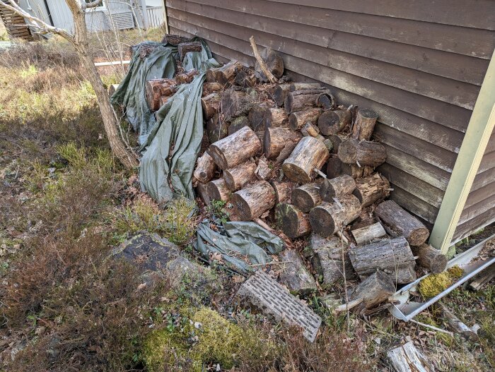 En hög vedstockar bredvid ett hus, täckt med en sliten grön presenning, omgiven av viss vegetation.