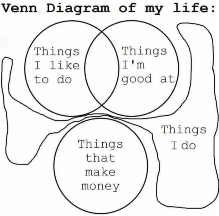 Humoristisk Venn-diagram, livets kategorier: gillar, duktig på, tjänar pengar, ej överlappande.