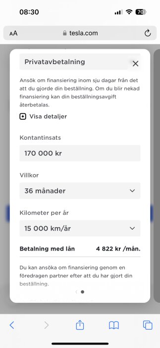 Skärmdump av tesla.com, visar finansieringsalternativ för privatköp med kontantinsats och månadskostnad.