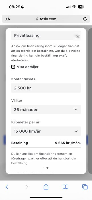 Skärmdump från Tesla's hemsida som visar information om privatleasing, kontantinsats, avtalstid och månadskostnad.