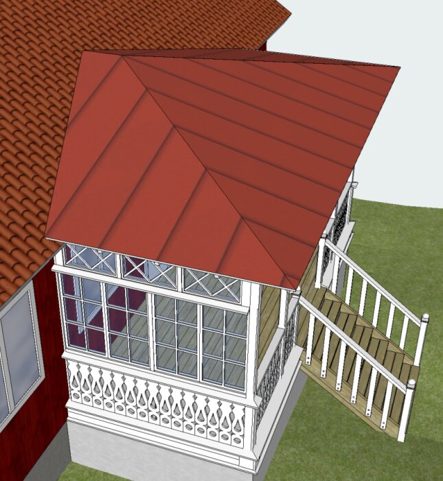 3D-rendering av ett rött hus med veranda, snedtak och grönt gräs runt.