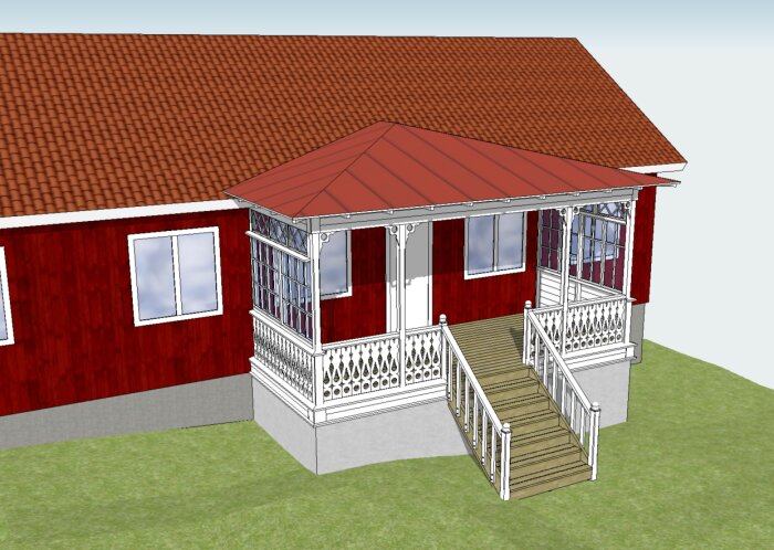 3D-rendering av rött hus med veranda, vita fönster och trappa, tegeltak, ingen bakgrund.