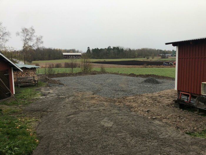 Lantlig gård, grusuppfart under arbete, vedstapel, plöjd åker i bakgrund, molnig himmel.