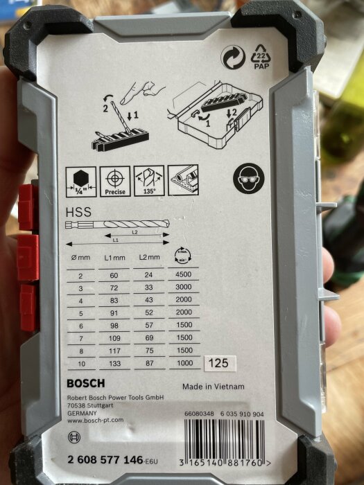 Verktygspaket, Bosch, borrbitar, användarinstruktioner, specifikationer, hårdmetall, förpackning, beteckningar, hållbarhetsindikatorer, tillverkad i Vietnam.