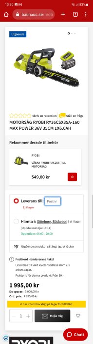 Ryobi motorsåg på rea för 1 995 kr, ursprungspris 4 995 kr, 36V, 35cm, 1x6.0Ah batteri, ej i lager.