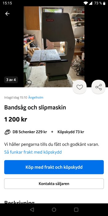 Begagnad bandsåg och slipmaskin till salu i en rörig verkstad.