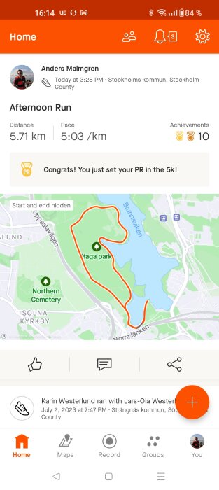 Skärmdump av löparapp, personlig rekord i löpning, karta över 5.7 km runda.