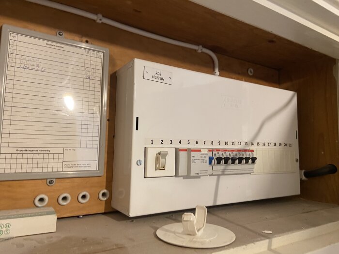 Elcentral med säkringar, etiketter och dokumentation, inbyggd i ett träskep.