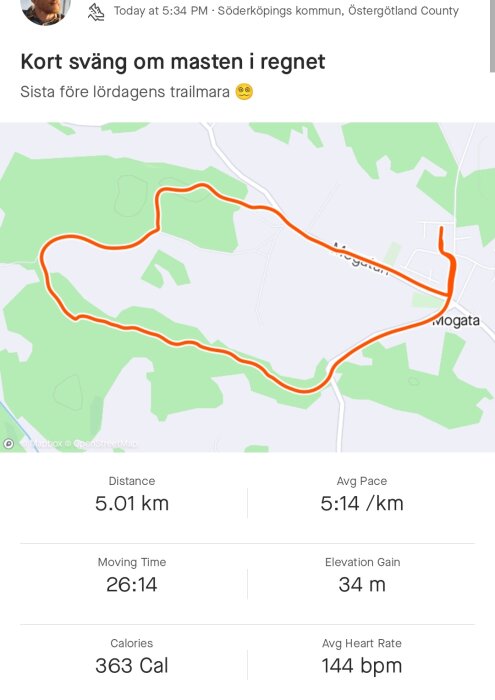 En löprunda kartlagd i app; 5.01 km avstånd, 26:14 minuter, 363 kalorier, regnigt väder.