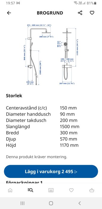Teknisk ritning och mått av duschset, namngivet "BROGRUND", pris och produktdetaljer visas, online köpval.