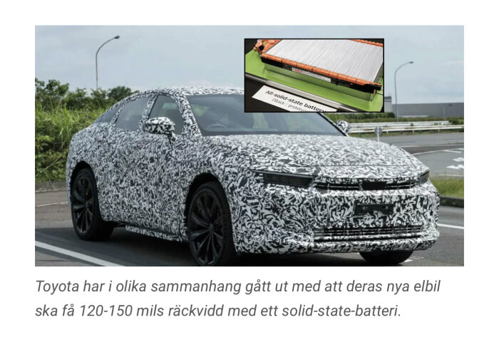 Kamouflerad elbil med solid-state-batteri, lovad räckvidd 120-150 mil, information från Toyota.