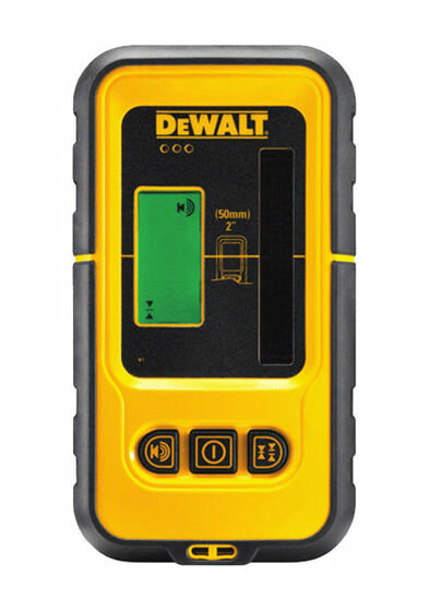 Gul och svart Dewalt elektronisk apparat, möjligen en avståndsmätare eller nivåindikator, med skärm och knappar.