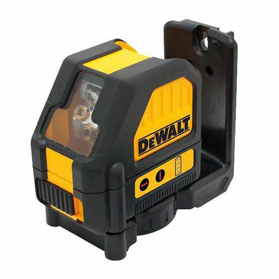 Gul och svart DeWALT lasernivåverktyg med väggfäste.