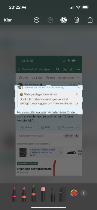 Skärmdump av en smartphone, diskussionsforum, redigeringsverktyg aktiverat, användargränssnitt för en app.