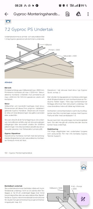 Instruktionssida för montering av Gyproc undertak med illustrerade profilpositioner och skruvanvisningar.