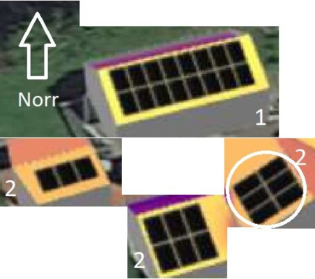 Lågupplöst bild visar uppmärkta objekt, ett orienterat norr, möjligen i analyssyfte eller för att illustrera maskininlärningsdata.