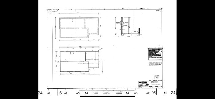 Ritning av byggnadsstruktur med olika vyer och måttsatta detaljer; svartvita tekniska ritningar.