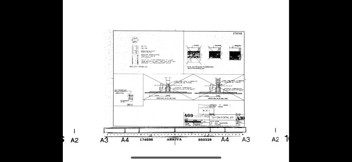 Teknisk ritning eller arkitekturritning, sektioner och detaljer, svårtydd text på grund av låg bildkvalitet.
