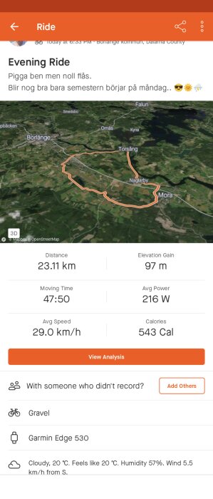 Kvällscykeltur, 23,11 km, i Borlänge kommun, användare ser fram emot semester, Garmin spårning, grusväg, mulet väder.