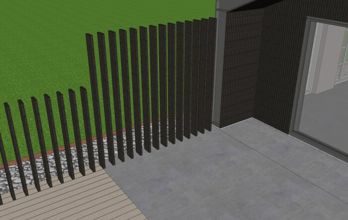 3D-modell av en uteplats med staket, trätrall, stenläggning och del av en byggnad.