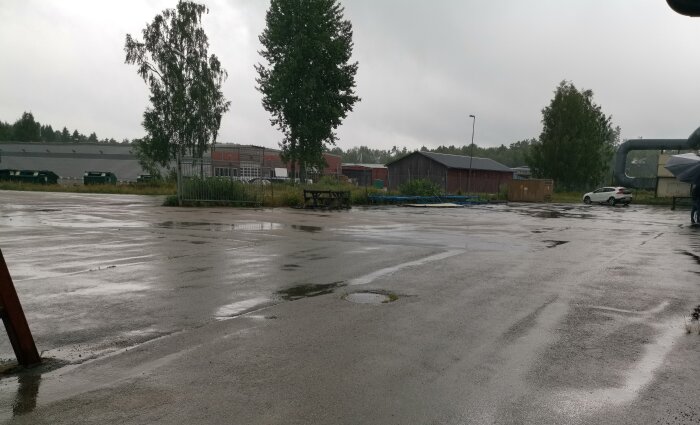 Industriområde, regnigt väder, blöta parkeringsplatser, träd, byggnader, grå himmel, en bil, övergivet intryck.