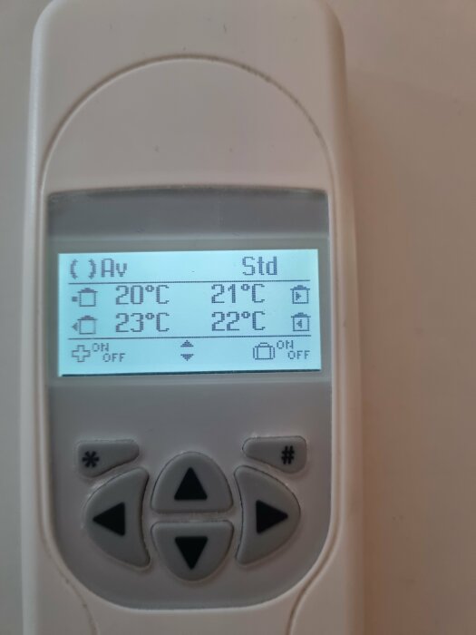 Digital termostat för värme med LCD-skärm, inställningsknappar, aktuell och inställd temperaturvisning.