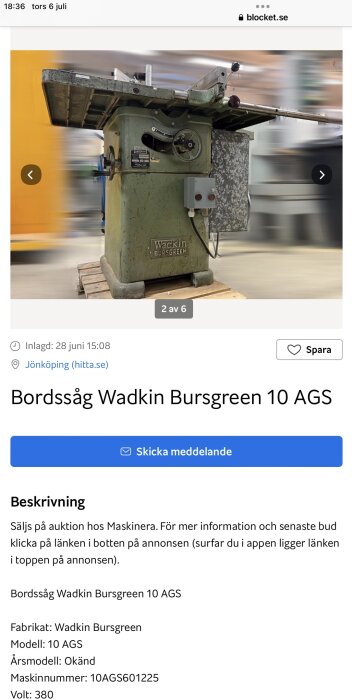 Industriell bandsåg, Wadkin Bursgreen, säljes, auktionsannons, grönt maskinhus, skick okänt, Blocket.se.