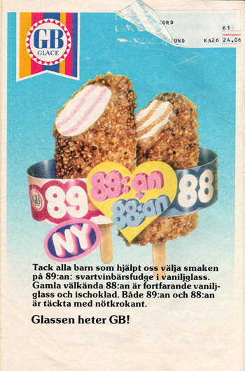 GB Glace reklam visar nya 89:an glassar bredvid klassisk 88:an, med vanilj och nötkrokant, mot blå bakgrund.