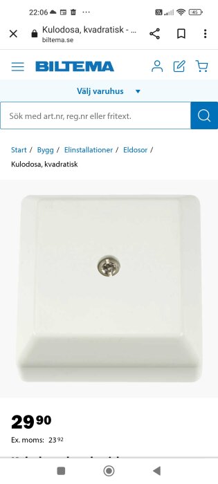 En skärmdump från Biltemas webbsida visar en vit kvadratisk kulosdosa.