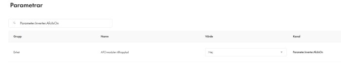 Användargränssnitt för parametrar, textfält, rullgardinsmeny, text "Parameter.Inverter.AfcIsOn", "AFCI-modulen tillkopplad".