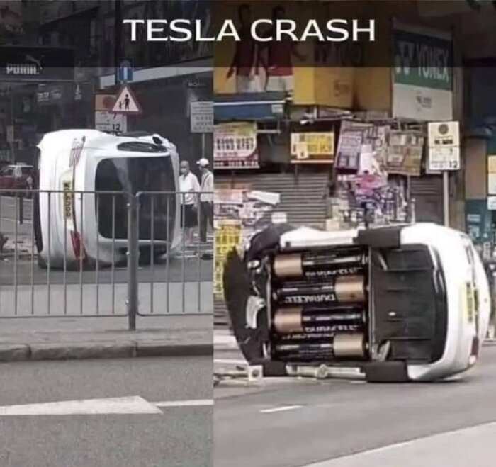 Två bilder på vältade bilar, liknande Tesla, ser ut som jättemässiga AA-batterier. Humoristisk, ironisk.