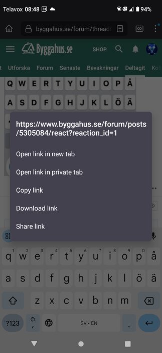 Skärmdump av mobil webbläsare som visar en dialogruta med länkalternativ på ett forum.