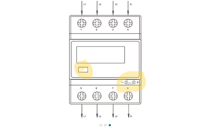 Schematisk illustration av elektrisk utrustning med anslutningar och kontroller.