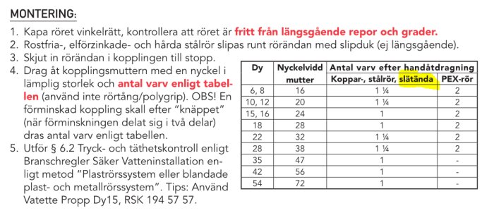 Svensk instruktionstext för rörinstallation, tabell över dragvarv, verktygsstorlekar och rörtyp.