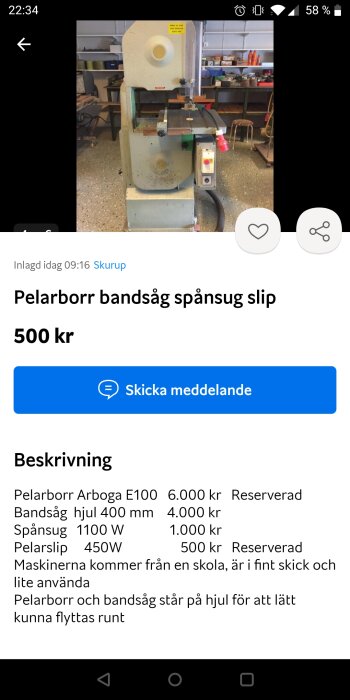 Begagnad bandsåg till salu, skärm, kontrollpanel, industriella verktyg, arbetsrum i bakgrunden, 500 kronor, mobilgränssnitt.