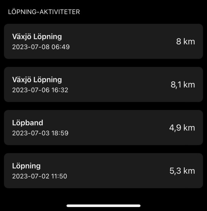 Skärmavbildning visar löparaktiviteter med datum, tider och distanser på en aktivitetsapp.