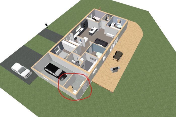 3D-planritning av enplanshus med möbler, bilar, garage markerat med röd ring.