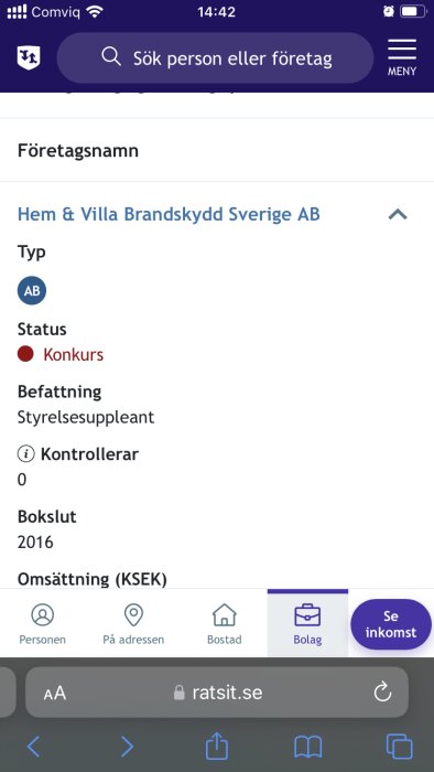 Skärmdump från svensk webbtjänst visar företagsinformation, inklusive namn, typ, konkursstatus och finansiella data.