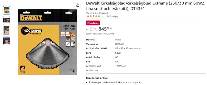 Cirkelsågblad, DeWalt Extreme, 60 tänder, för fina snitt, 250 mm diameter, förpackning, erbjudande, precisionsteknik.