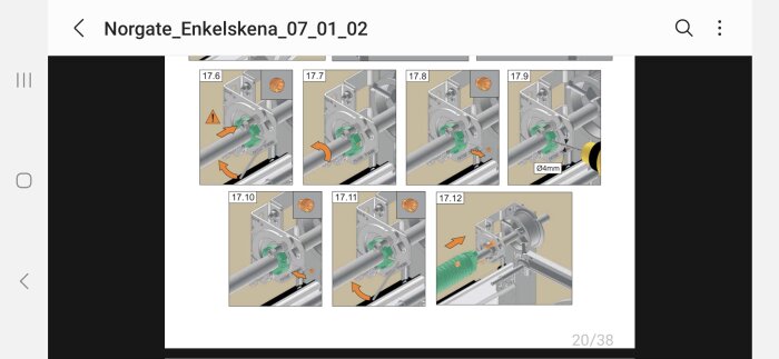 Illustrerad steg-för-steg-monteringsguide för rör eller mekanism, med numrerade instruktioner och orange pilar.