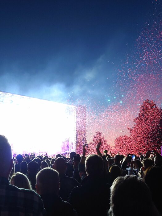 Publik vid en konsert med scenbelysning och rosa konfetti i luften. Natt, utomhus, festlig stämning.