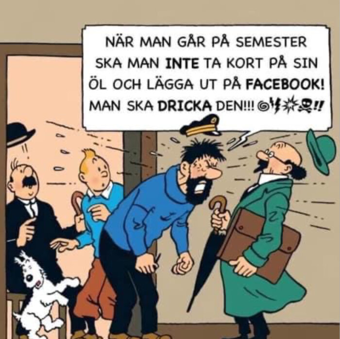 Seriefigur arg över semesterbilder och Facebook, tappar ol, annan man skrämd, barn och hund chockade.