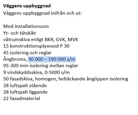 Textdokument som beskriver väggens uppbyggnad inifrån och ut med olika material och isoleringsskikt.