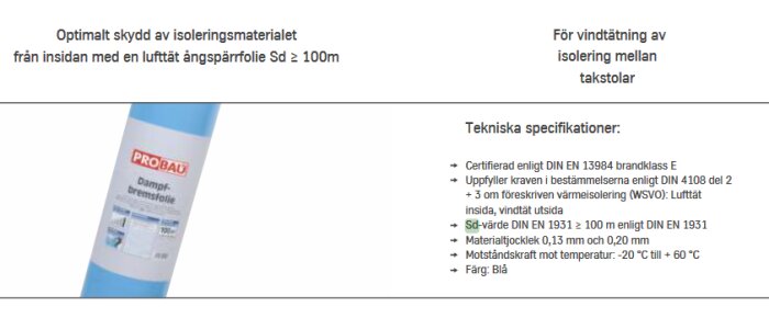 Produktbild av PROBAU Ångspärrfolie med tekniska specifikationer för byggisolering på svenska; blå vit bakgrund.