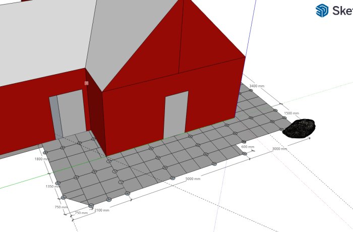 3D-modell av rött hus och grå stenläggning med måttangivelser i ett designprogram.