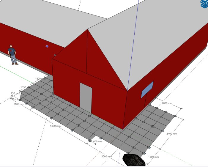 3D-modell av rött hus med mått, person, grå stenstig.