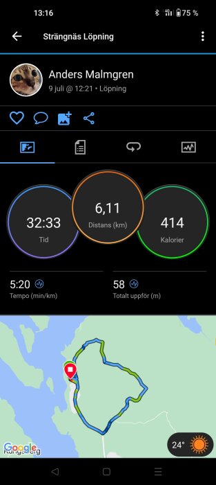 Skärmavbild av löpningsdata och karta från träningsapp; visar distans, tid, tempo och förbrända kalorier.