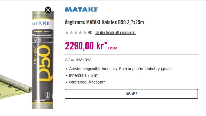 Produktbild av MATAKI Halotex ångspärrsrulle med pris, användningsområden och antal kvadratmeter angivna.