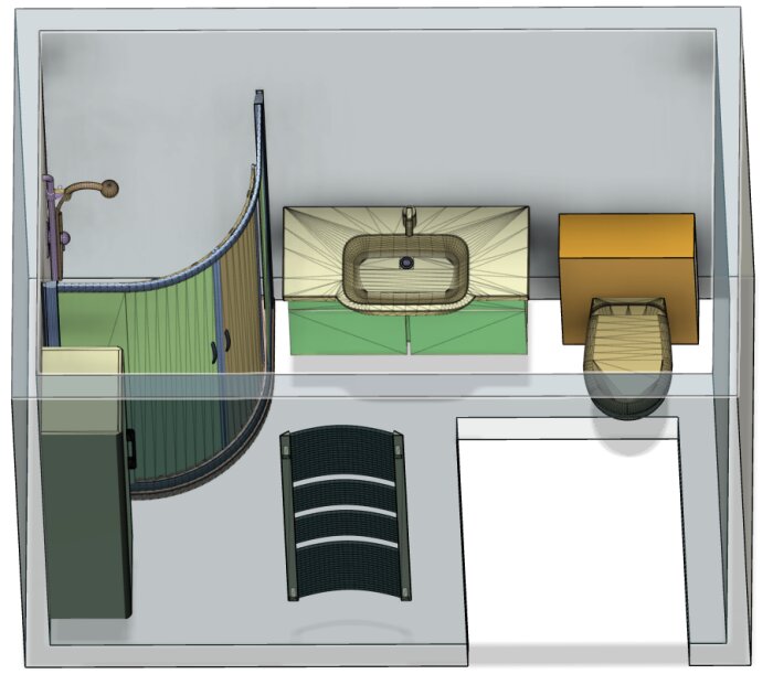 3D-plan av badrum, toalett, dusch, handfat, möbler, overheadvy, designlayout.